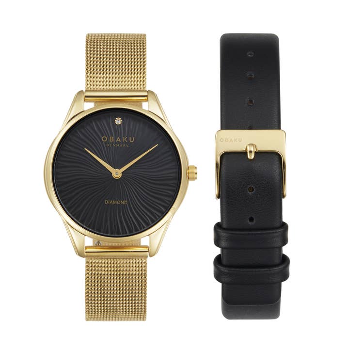 Conjunto de relógio com mostrador padrão de marcadores de diamantes em ouro IP para senhoras. por atacado de Obaku Denmark Watches