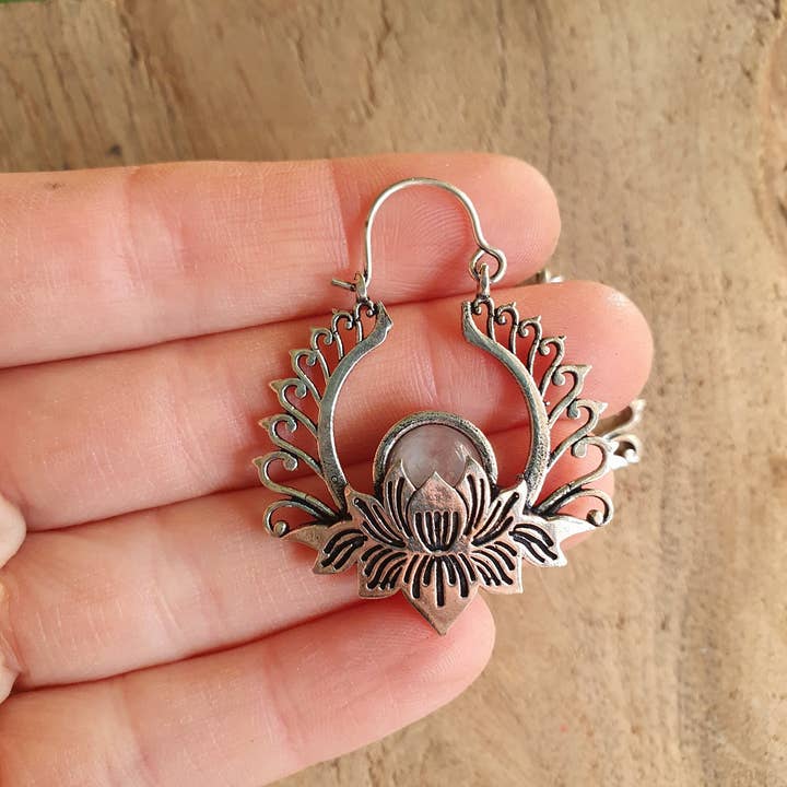 Kaali Boutique - Wholesale Hoop Earrings - Silver Lotus Flower Moonstone Earrings rustic, yoga, hippie, gypsy, pretty, psy, boho, bohemian, festival4