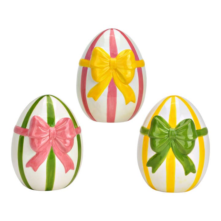 Ovo de Páscoa com laço de cerâmica, conjunto de 3, Amarelo/Rosa/Verde (L/A/P) 12x15x12cm por atacado de Wurm