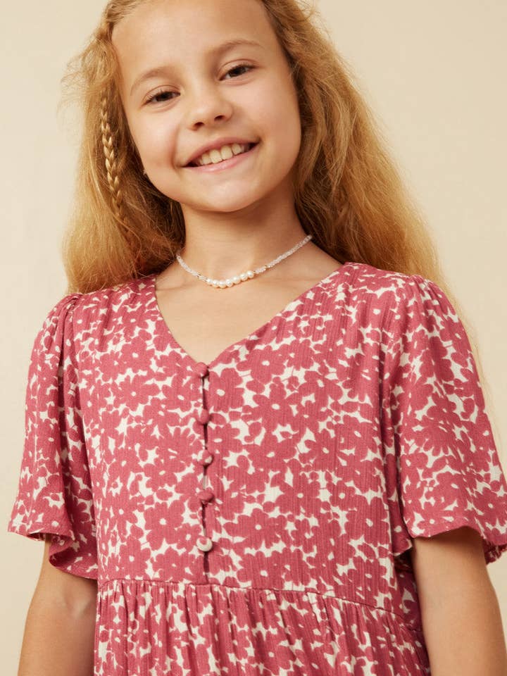 Pink Girls Ditsy Floral Buttoned V Neck Tier Dress for wholesale on Faire2