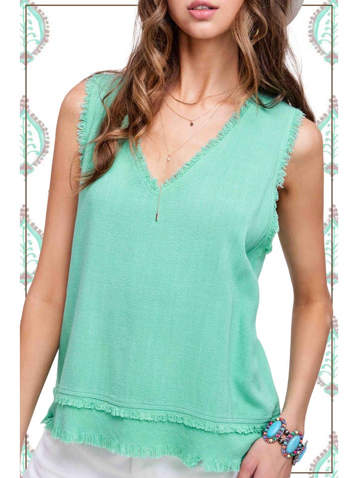La Miel - Wholesale Tank Top - Women's - HBT7635-Soft Washed Gauze Cut Edge Sleeveless V-neck Top