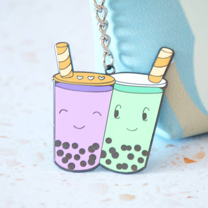 Bubble Tea Keychain - Taro/Matcha for wholesale by Hop & Flop