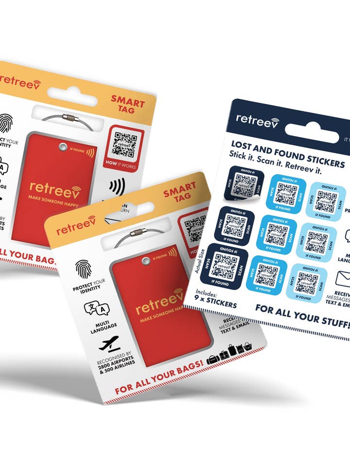 Red Combo - 2 x Red Originals Retreev Smart Tags & 9 x Smart Stickers for wholesale by Retreev Limited