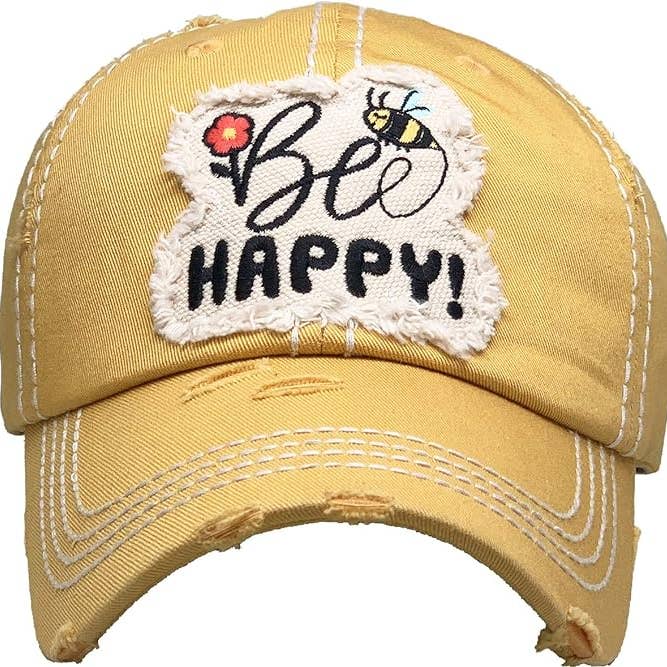 Funky Junque - Wholesale Baseball Cap - Women's - Vintage Patch Hat - Bee Happy (Yellow)0
