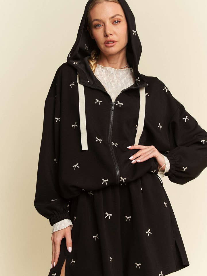 Davi & Dani - Wholesale Hoodie – Women's - RIBBON EMBROIDERY ZIP UP LONG SLEEVE HOODIE JACKET