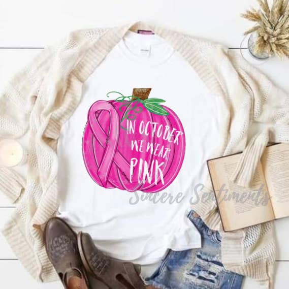 Pink Breast Cancer Pumpkin Tee for wholesale by Sincere Sentiments LLC