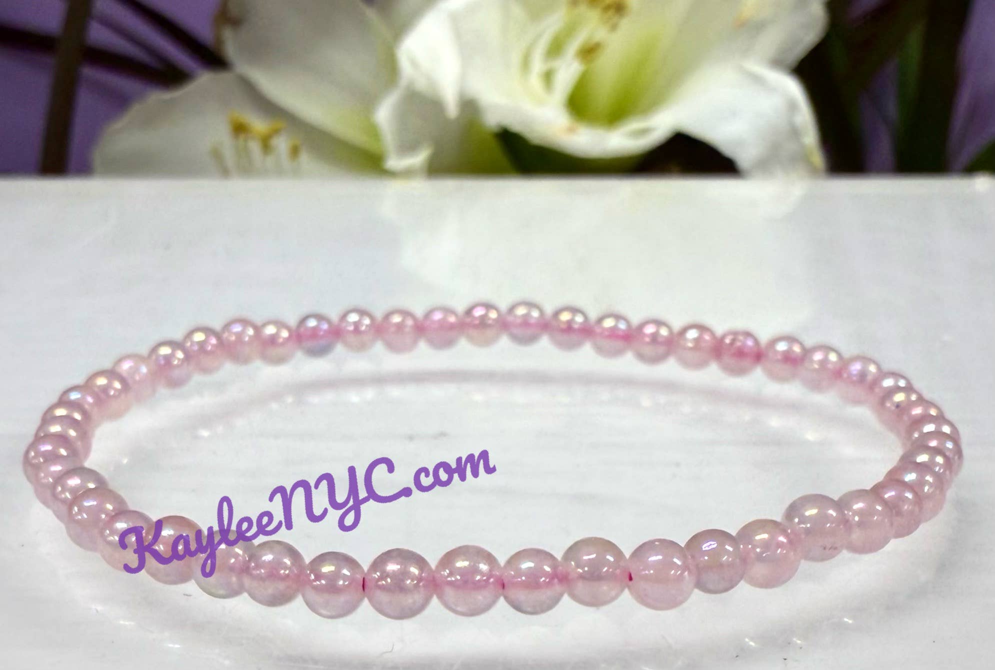 KayleeNYC – wholesale Pärlarmband – Ängel Aura Rosenkvarts 4mm 7,5” Stretcharmband6