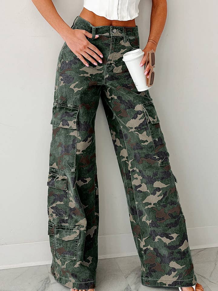 Lovesoft – Engroshandel Bukser - Dame – Grønne camo denim cargo bukser med brede ben5