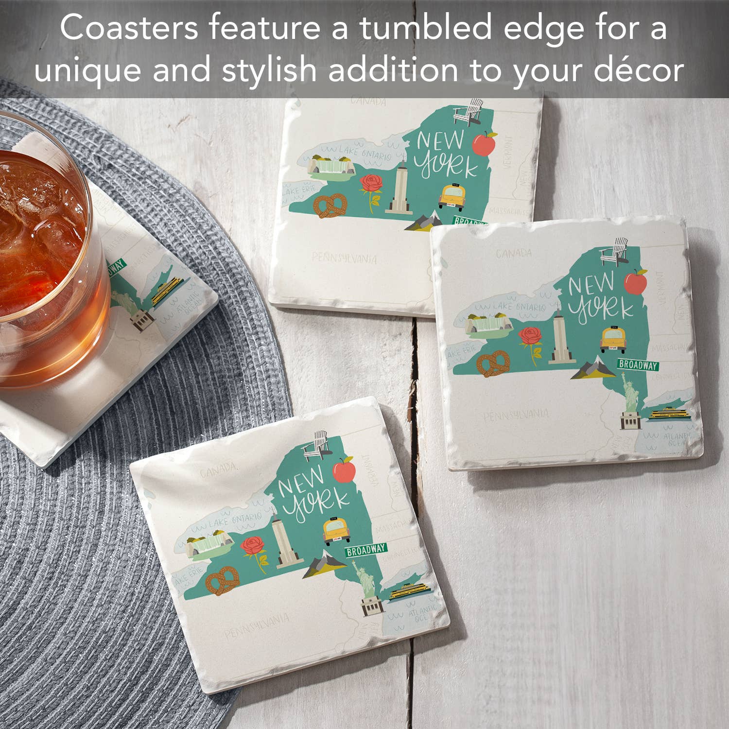 Conimar Promotions - Wholesale Coasters - "New York State Icons" 4 Pack Tumbled Tile Coasters6