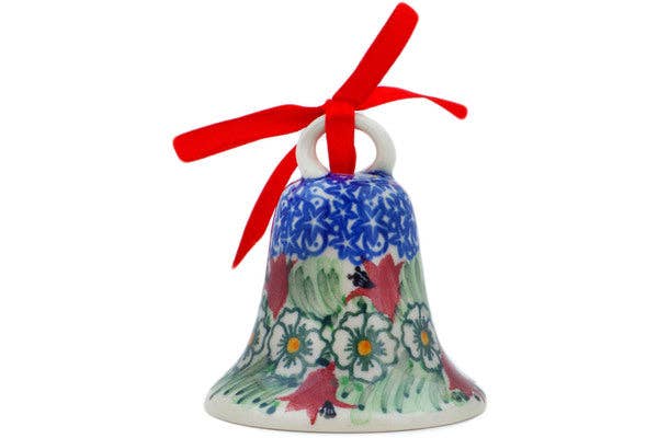 Polmedia Polish Pottery - Wholesale Ornament - Bell Ornament 3" Scarlet Flora Theme UNIKAT2
