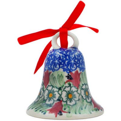 Polmedia Polish Pottery - Wholesale Ornament - Bell Ornament 3" Scarlet Flora Theme UNIKAT2
