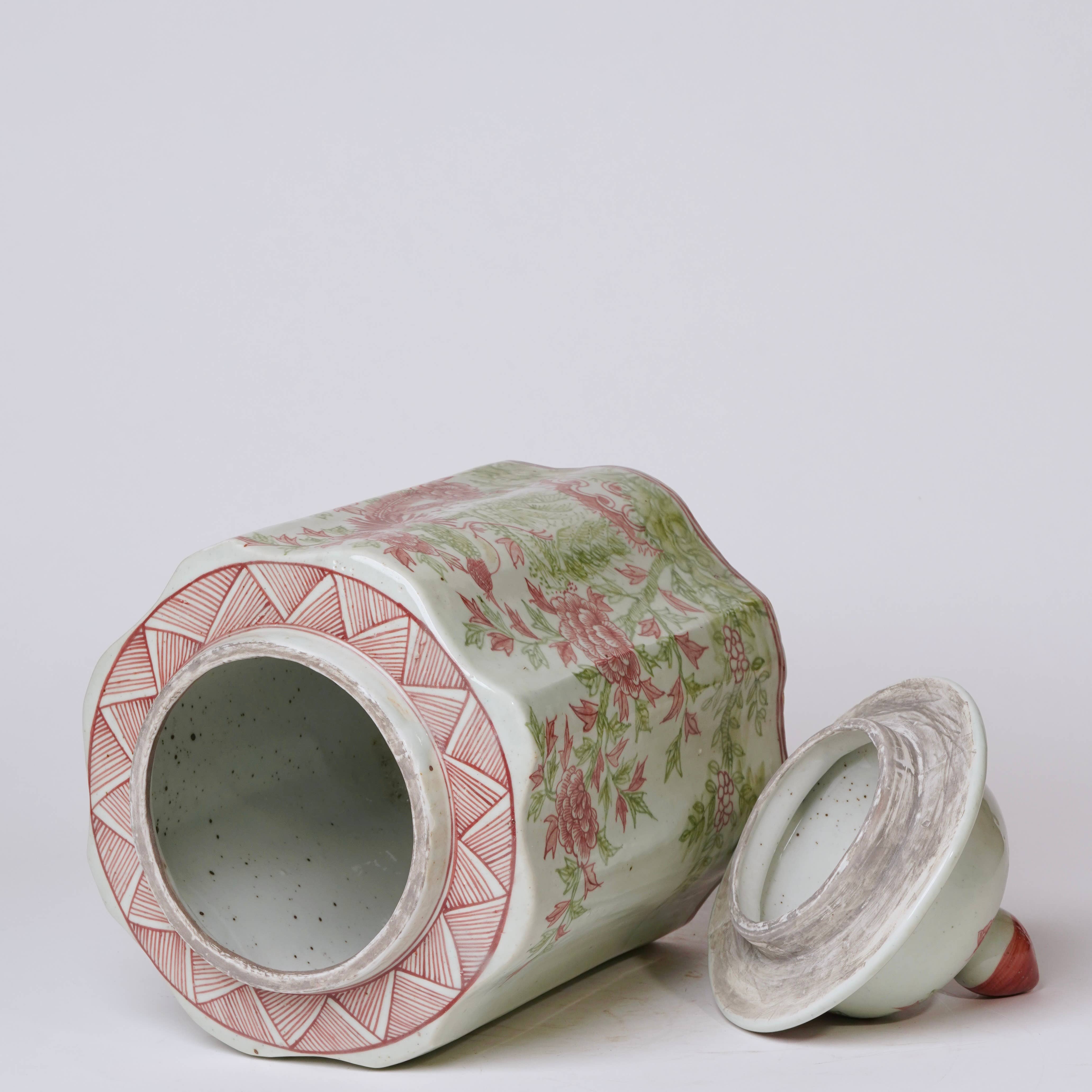 Cobalt Guild - Wholesale Decorative Jar - Pink and Green Porcelain Golden Pheasant Ribbed Lidded Jar1