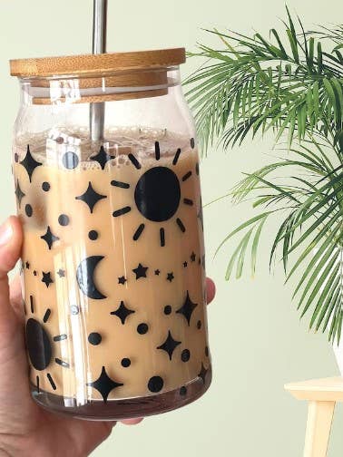 Moon and Stars 16 oz Glass Coffee Can for wholesale by Kali Sue Vinyl