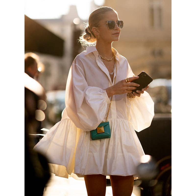 Sheer Trend - Wholesale Dress - Women's - Urban Puff Sleeves Buttoned Split-Joint Solid Color Lapel Mini Dresses Shirt Dress12