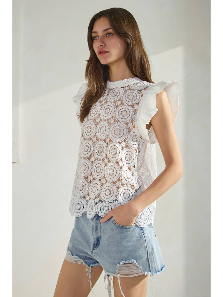 Oddi - Vente Chemisier – femme - Haut à manches courtes évasées en dentelle crochetée Plus5