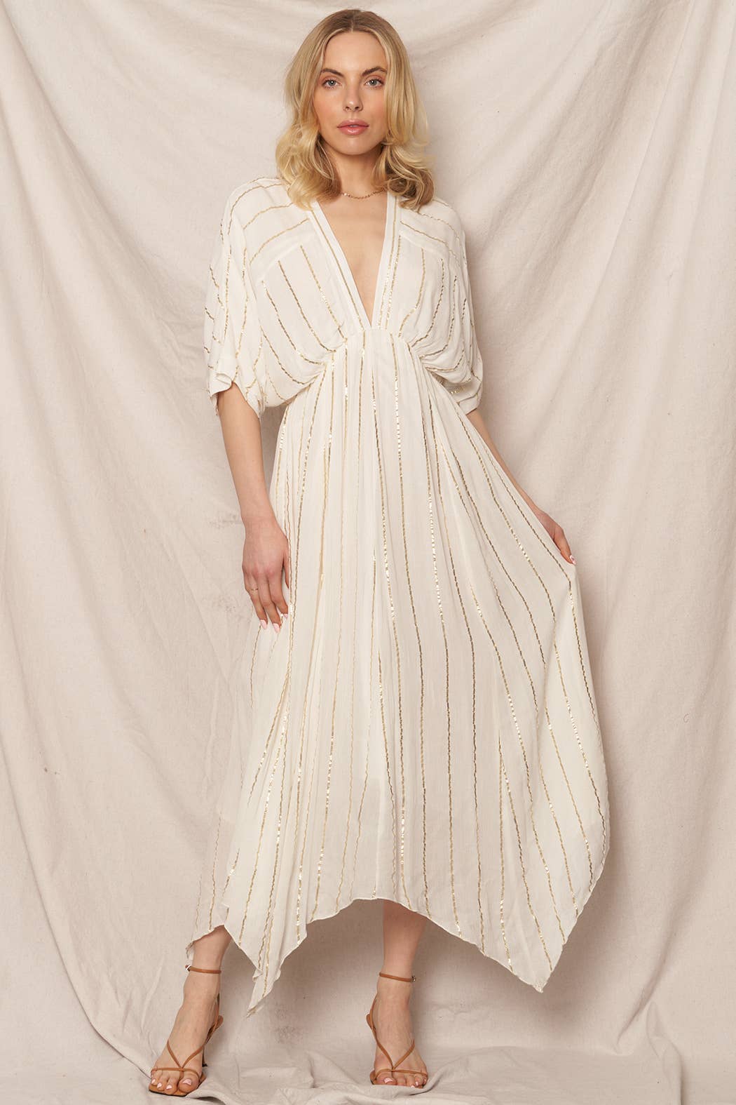 En Crème - Vente Robe – femme - Robe midi rayée à sequins1