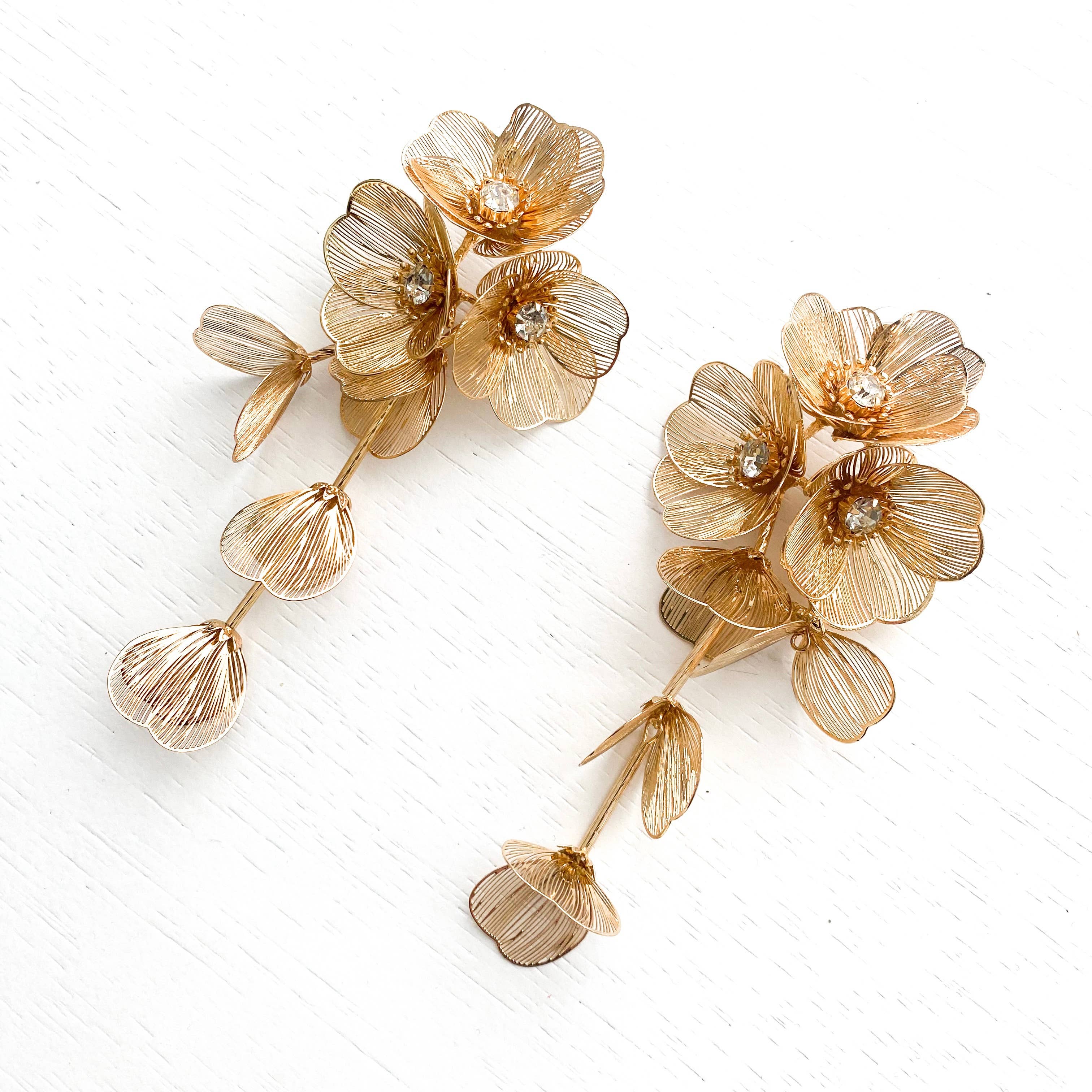 Nicholls Jewellery – wholesale Dangle earrings – Gold Flower Statement Earrings- Lightweight Waterfall Design5