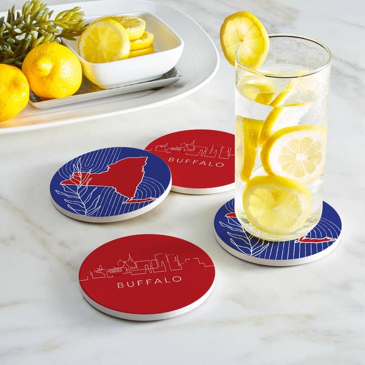 Love Local - Wholesale Coasters - Red White And Blue New York State Buffalo Skyline | Absorbent Coasters | Set of 4 | Min 21
