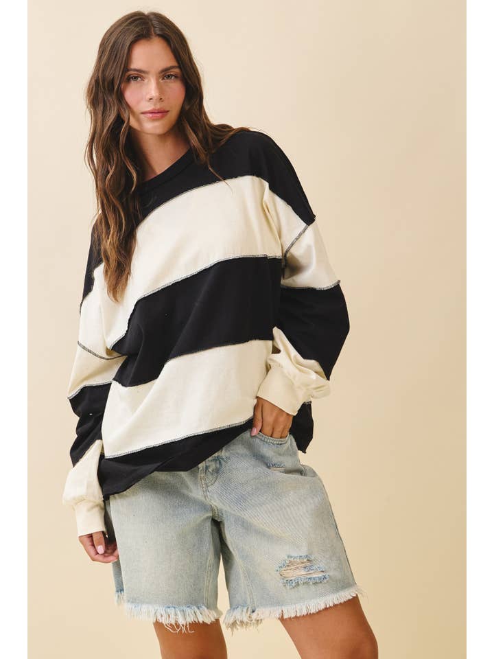 AEMI + CO - Wholesale Shirt - Women's - 8551GN Contrast Panel Long Sleeve Slouchy Top2