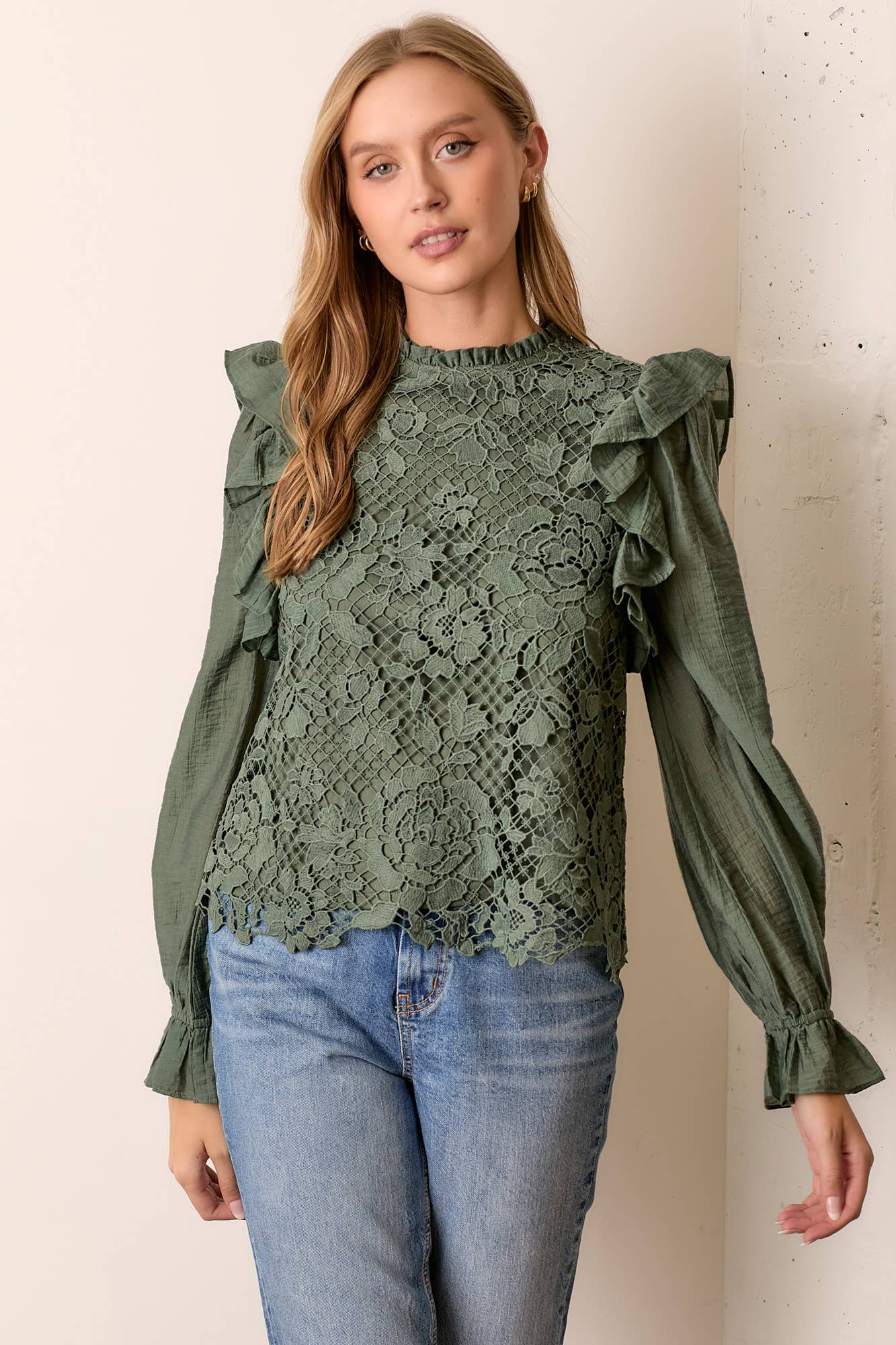 Polagram by Wellmade USA – wholesale Blouse – Women’s – TEXTURED LONG SLEEVE TOP W SHOULDER RUFFLE1