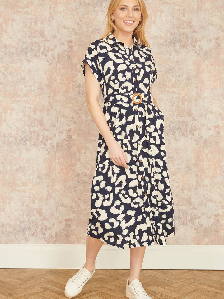 Yumi Navy Abstract Animal Print Relaxed Midi Shirt Dress With Belt for wholesale by Yumi