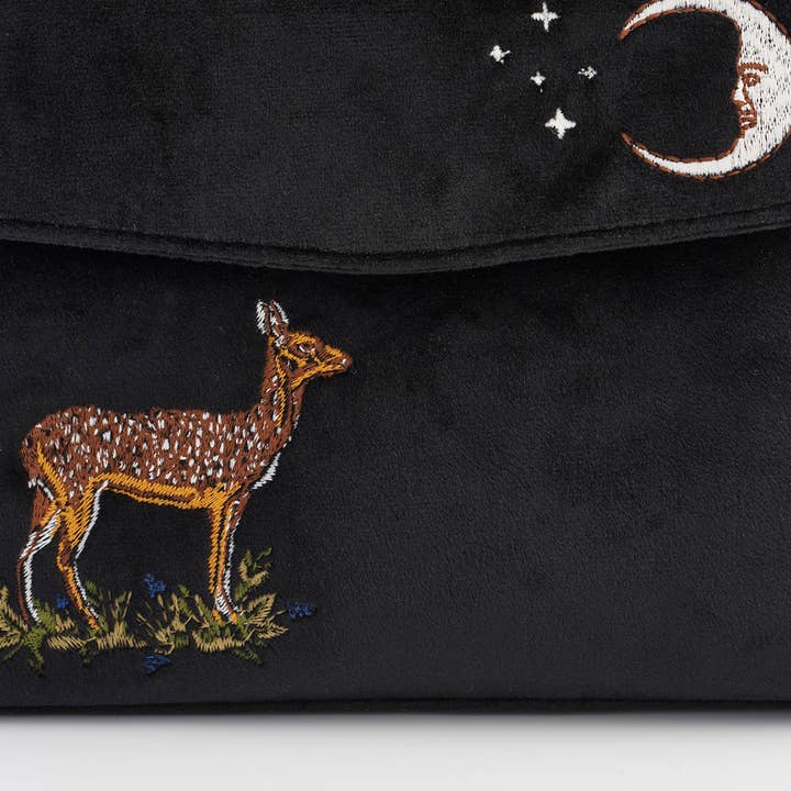 Fable England - Venta al por mayor Bolsa de asa- Mujer - Bolso de terciopelo negro bordado con ciervo y luna - Reino Unido, EE. UU. y UE7