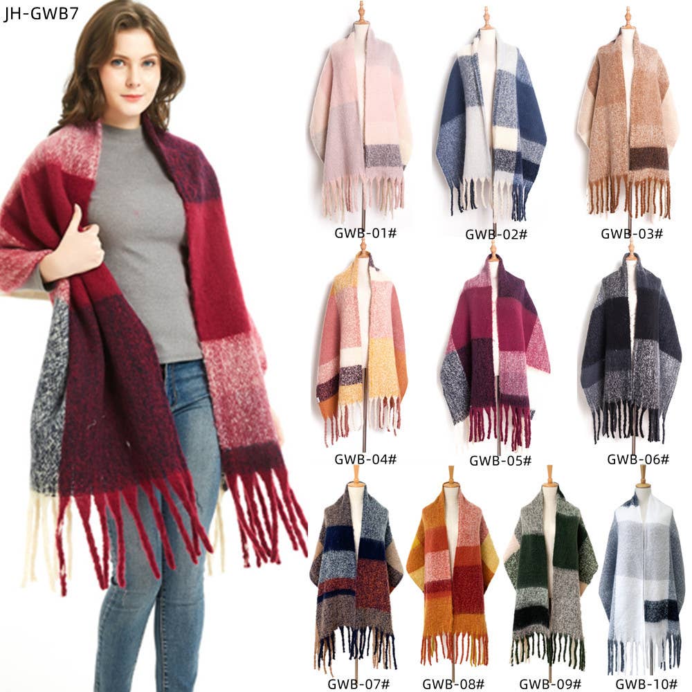 Adorro – wholesale Scarf – Women's – Soft Chunky Plaid Fleece Oblong Tassel Scarf10