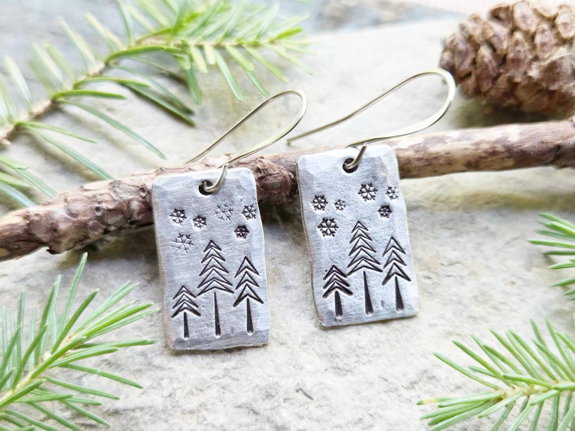 Kathryn's Collection - Wholesale Dangle Earrings - Winter Pine Tree Earrings, Christmas, Hand-Stamped Pewter5