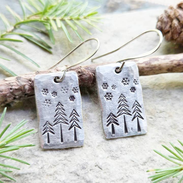 Kathryn's Collection - Wholesale Dangle Earrings - Winter Pine Tree Earrings, Christmas, Hand-Stamped Pewter5