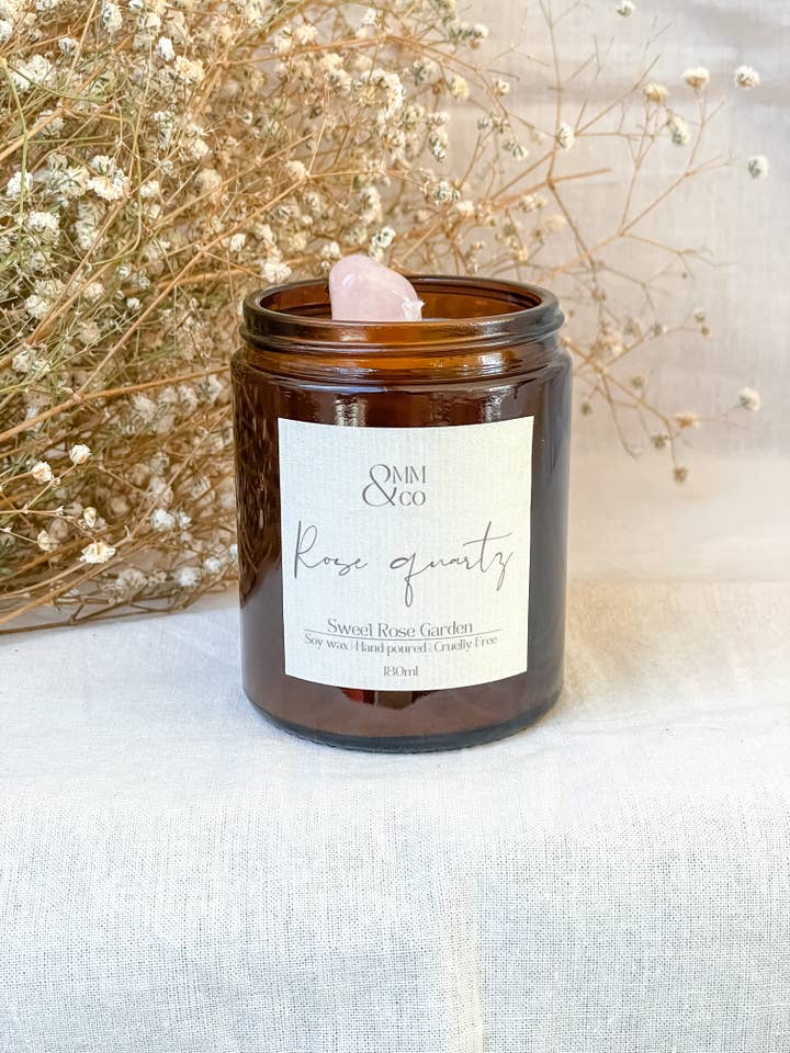 Rose Quartz Crystal Candle|Sweet Rose Garden for wholesale by Omm & Co