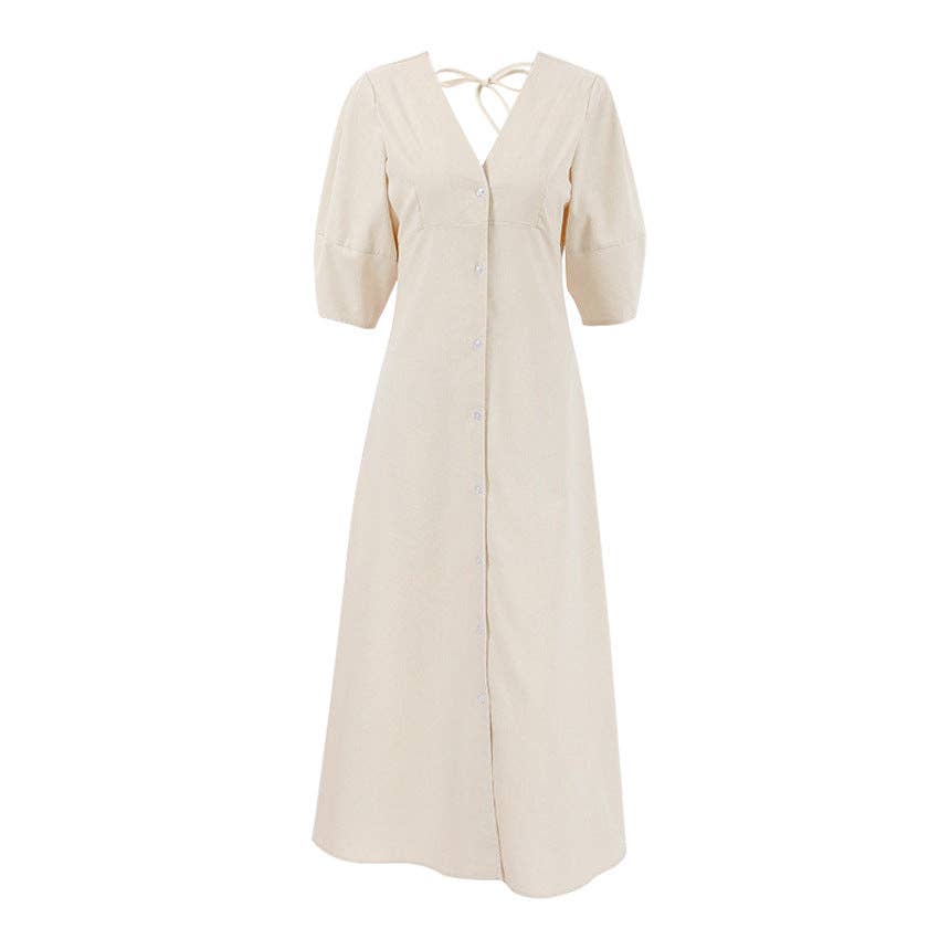 Marayn - Wholesale Dress - Women's - Beige Linen Midi Dress Summer Chic Effortless Style3