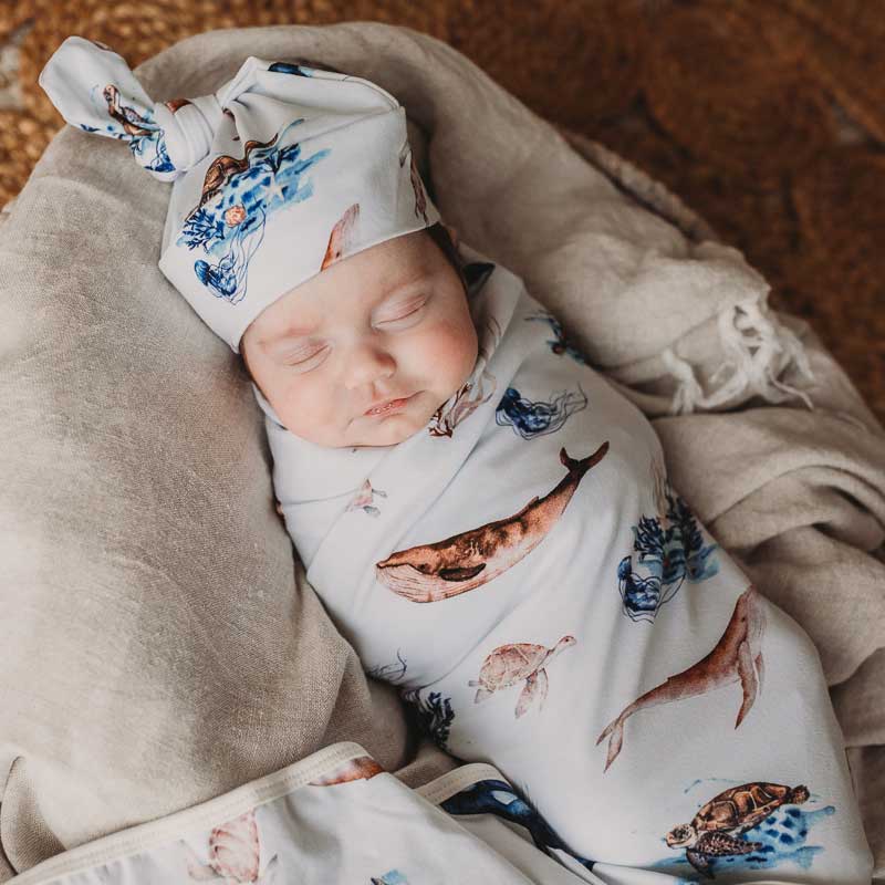 SNUGGLY JACKS - Wholesale Swaddle set – Baby - Ocean Jersey Swaddle Stretch Wrap & Beanie3