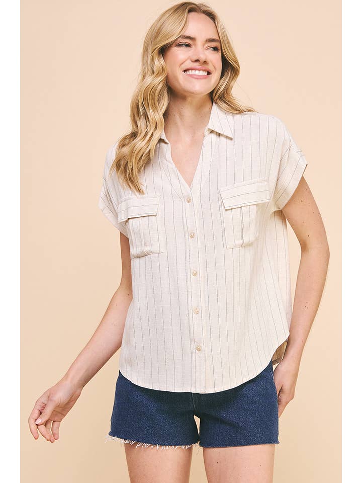 Allie Rose - Wholesale Button Down Shirt - Women's - Dolman V-Neck Shirt in Linen Blend4