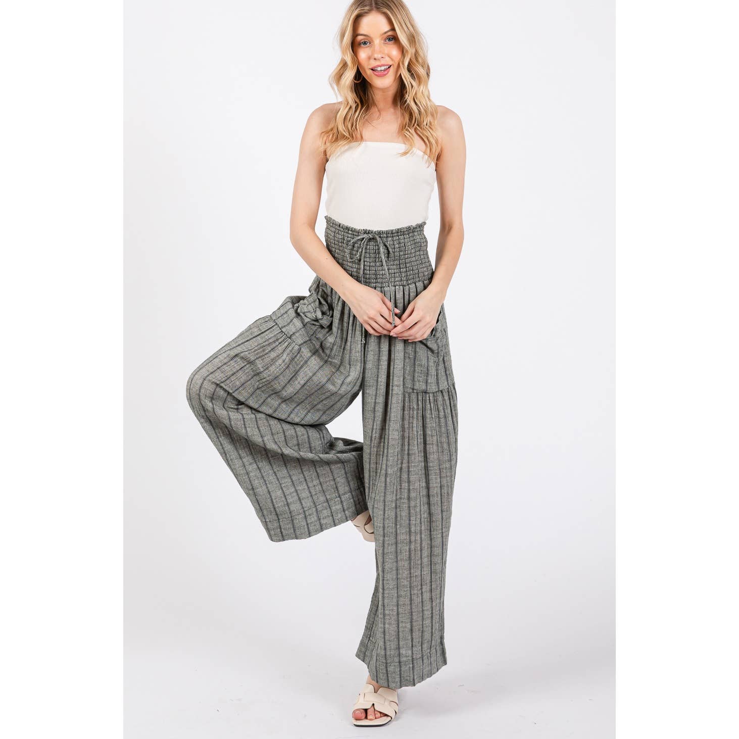 Sage + Fig - Wholesale Pants - Women's - STRIPED SMOCKED BOHO COTTON GAUZE PANTS (SP7105-A)5