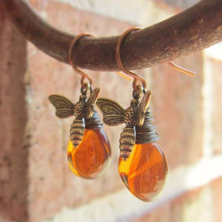 Syrrios Gifts LLC - Wholesale Dangle Earrings - Honey Bee Drop Earrings Amber Gold Dangle Boho Jewelry2