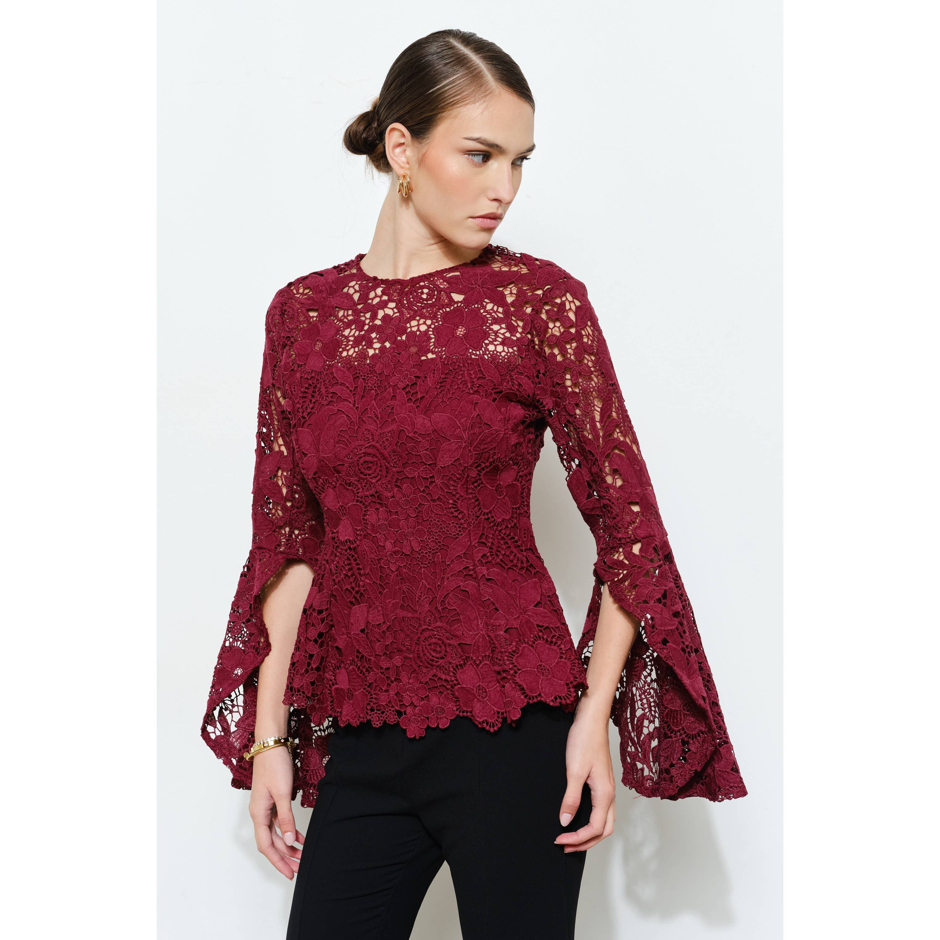 INA - Wholesale Blouse - Women's - Floral Lace Slitted Long Sleeves Blouse Woven Top2