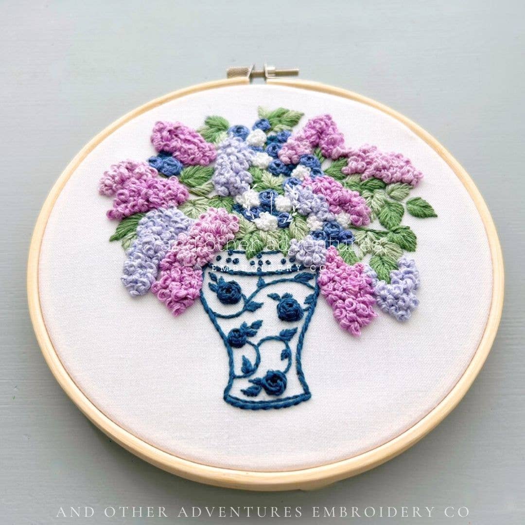 And Other Adventures Embroidery Co - Wholesale DIY Craft Kit - Hand Embroidery Kit - Periwinkle Lilacs in Ginger Jar1
