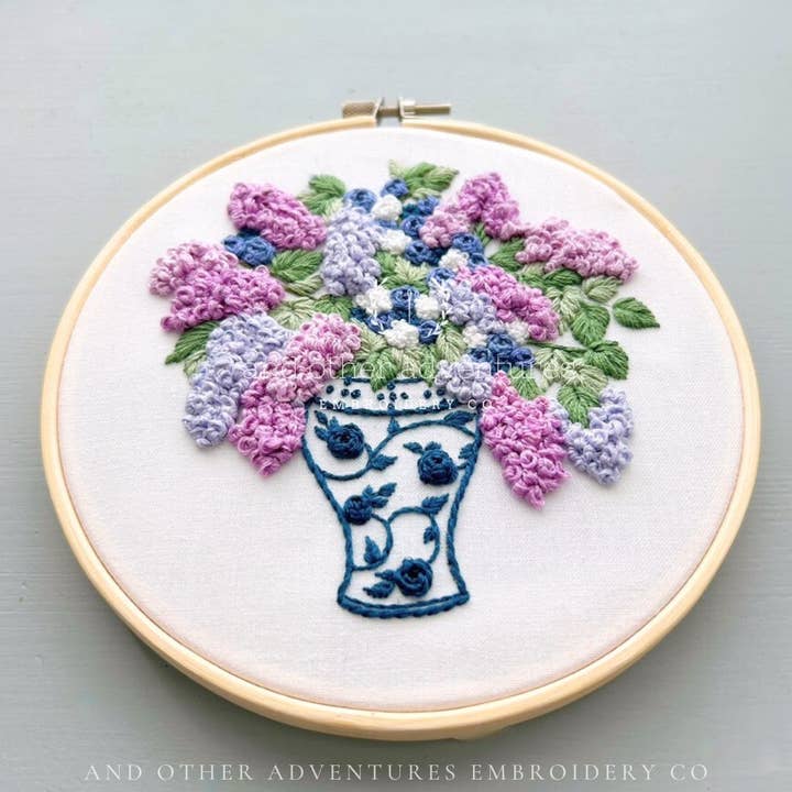 And Other Adventures Embroidery Co - Wholesale DIY Craft Kit - Hand Embroidery Kit - Periwinkle Lilacs in Ginger Jar1