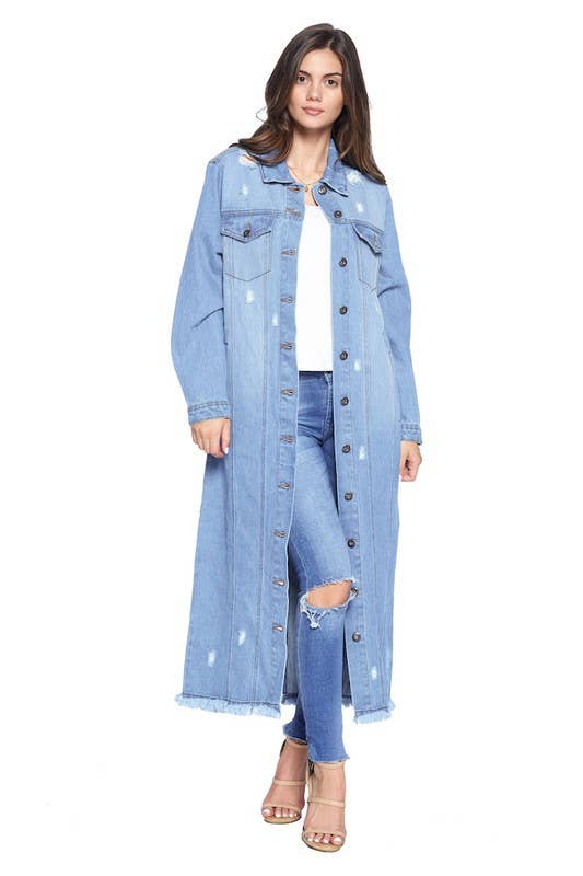 LIGHT Destroyed Denim Long Jacket (OPEN PACK) for wholesale on Faire