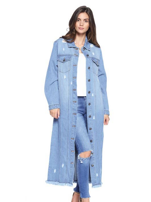 LIGHT Destroyed Denim Long Jacket (OPEN PACK) for wholesale on Faire0