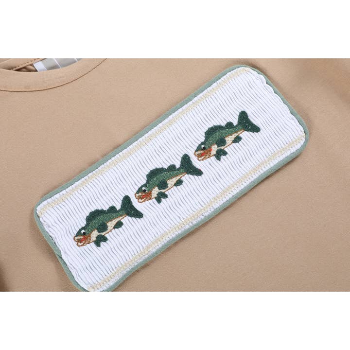 Lil Cactus - Wholesale Top & Pant Set - Kids - Oyster Brown Big Mouth Bass Smocked Shirt and Pants Set