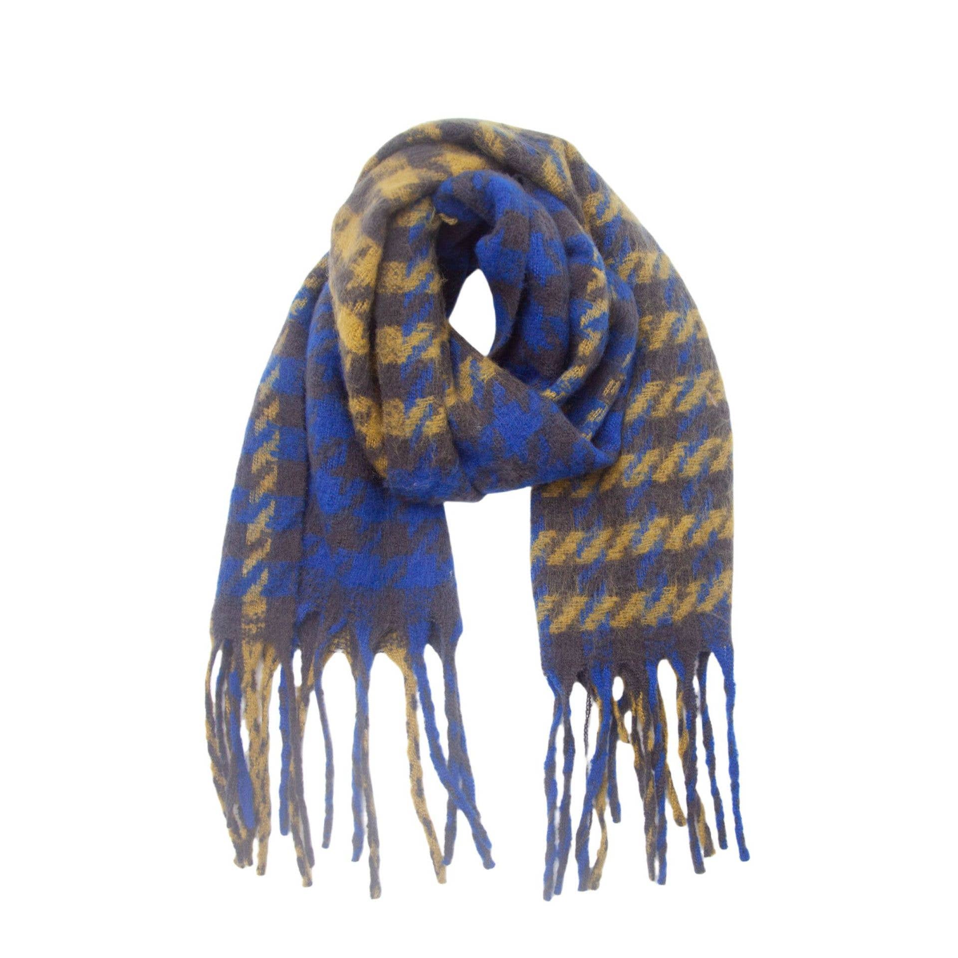 Adorro - Wholesale Scarf - Women's - Soft Two Tone Houndstooth Chunky Fleece Oblong Tassel Scarf3