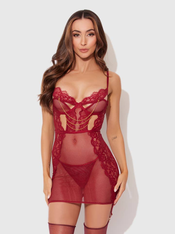RHUBARB DEZI LACE & CHAIN CHEMISE SET for wholesale on Faire