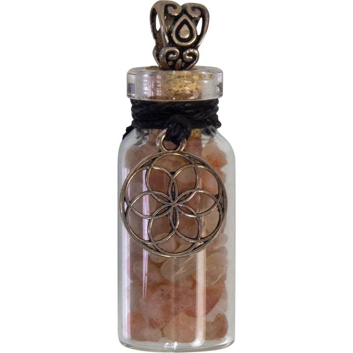 Kheops International - Wholesale Spiritual Stone/Crystal - Gemstone Chip Bottle Necklace - Sunstone w/ Seed of Life