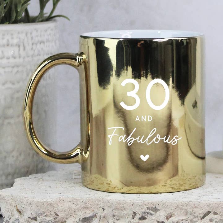 Metallic Gold Mug Engraved with "30 and Fabulous" Design for wholesale by eBuyGB Craft Blanks