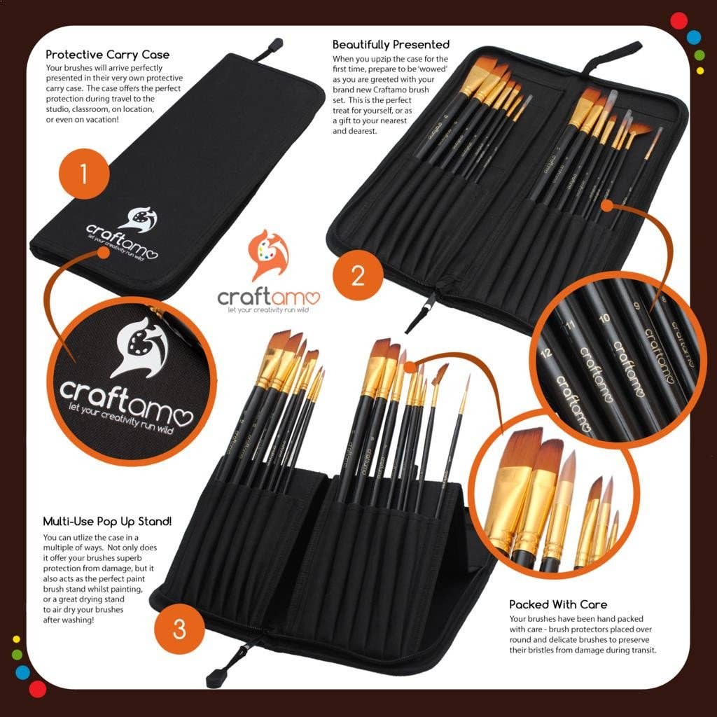 Craftamo – wholesale Paint/wax brush – Art Brushes - 15 Piece Paint Brush Set w/ Pop-Up Carry Case7