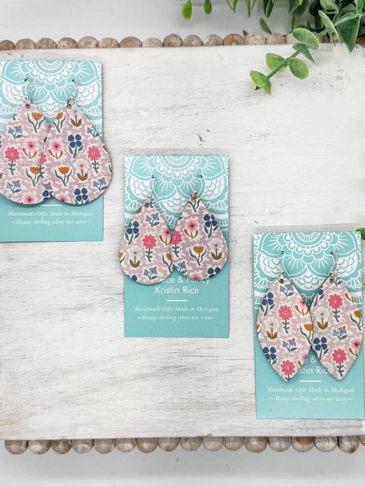 Handmade Squiggle and Bloom Cork Earrings for wholesale by Fleece & Fancy