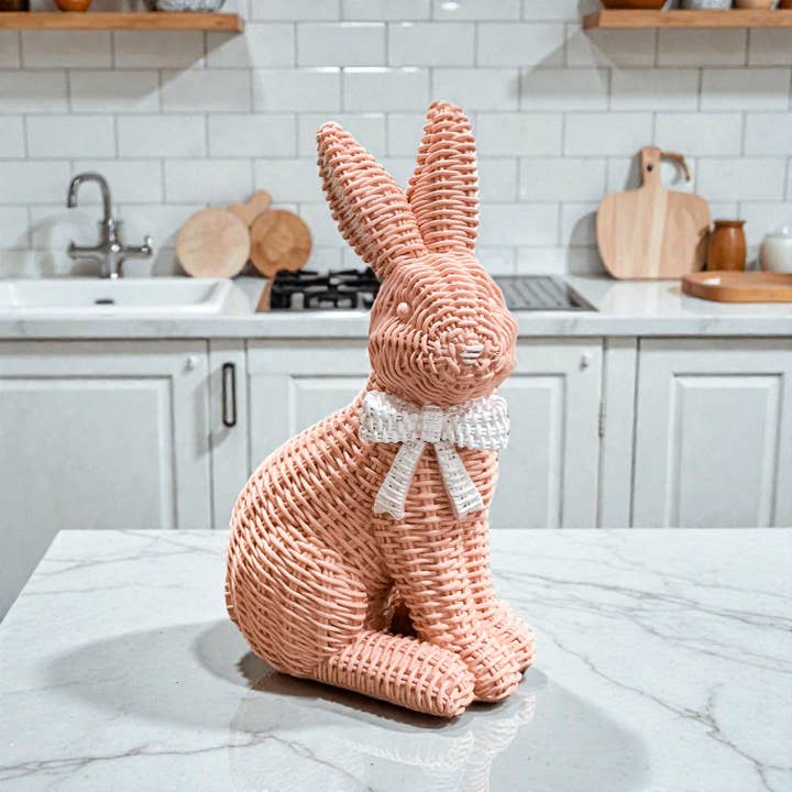 Gia Roma - Wholesale Sculpture - Easter Farmhouse Home Decor, Resin Bunny Figurine Rattan 64