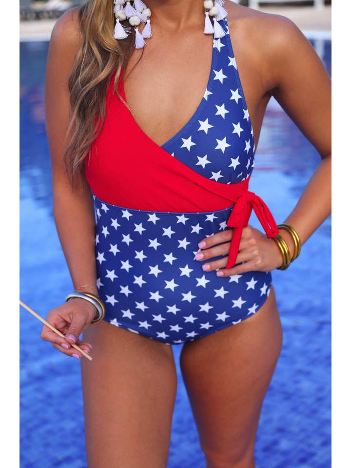 Red Blue Liberty Wave Halter Swimsuit, Red/Blue for wholesale on Faire2