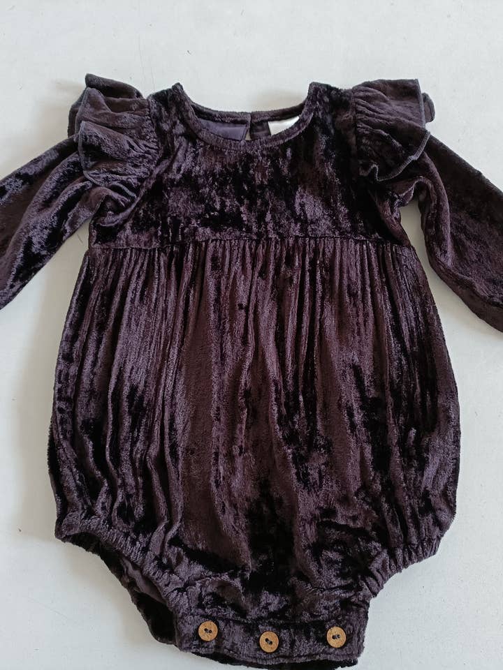 Brown Viscose Velvet Full Sleeves Ruffle Romper for wholesale by Yo Baby